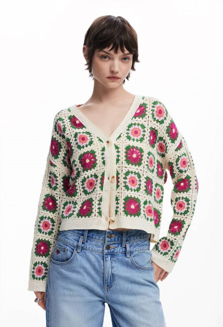 NEW DESIGUAL women's johanna cardigan in multi on cream